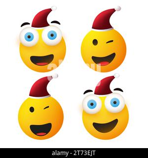 Frohe Weihnachten! - Sammlung lächelnder, jubelnder Charaktere, 3D-Emoji mit Winking- oder weit geöffneten ausklappbaren Augen, roter Weihnachtsmütze auf - Set aus Simple Shiny H Stock Vektor