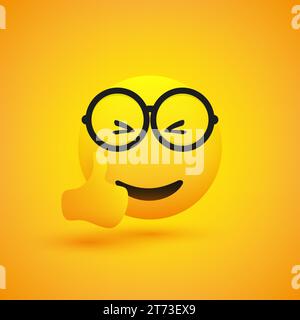 Lächelnde Cheering amused Shiny Happy zufriedene junge männliche Emoji, die Brillen tragen, die Daumen nach oben zeigen und Genuss - einfaches Emoticon auf gelbem Hintergrund Stock Vektor