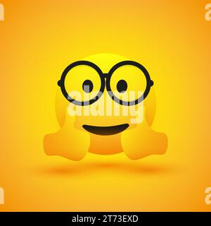 Lächelnde glückliche fröhliche junge männliche Nerd Emoji mit Brille, die doppelte Daumen oben schaut und zeigt - einfaches glückliches Emoticon auf gelbem Hintergrund - Vektor D Stock Vektor
