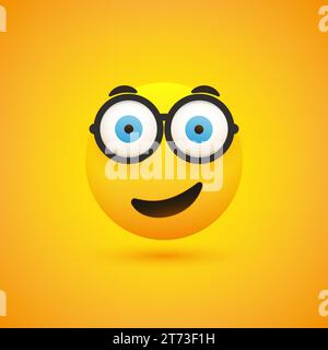 Lustig überrascht, zufrieden lächelndes Nerd Emoji mit Brille und Pop Out Wide Open Big Blue Eyes - einfaches glückliches Emoticon auf gelbem Hintergrund - Vektor D Stock Vektor