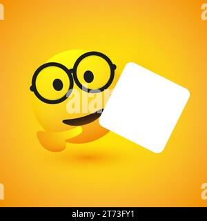 Smiling Emoji mit runder Brille, die auf eine große leere weiße quadratische Karteikarte zeigt - Vorlage Emoticon mit Copyspace, PL Stock Vektor