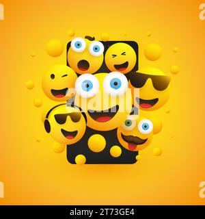Viele lächelnde Happy Yellow Emoticons mit verschiedenen Gesichtsausdrücken vor einem Smartphone-Bildschirm, haben viel Spaß mit einem Social Media Service, Mo Stock Vektor