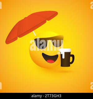 Glückliches lächelndes Sommersaison Emoji mit Sonnenbrille, Bierbecher und rotem Sonnenschirm - Vektor-Illustration Stock Vektor