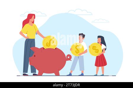 Familienhaushaltsplanung unterrichten, Mutter und Kinder, die Münzen in Schweinebank legen. Eltern-Sparfonds, Familienbanken und Investitionen. Cartoon Flat Stock Vektor