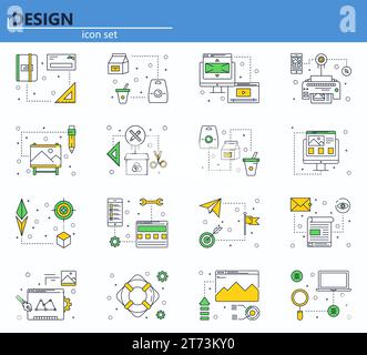 Vektorsatz aus Computer-, Geschäfts-, Büro- und Designsymbolen in dünner Linie. Website-UI und Symbol für mobile Web-App. Umrissdarstellung Stock Vektor