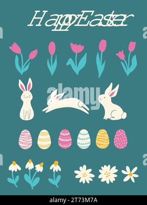 Vektor Ostern Clipart Set, Frühlingsblumen, dekorierte Eier, weiße Hasen. Vektorabbildung Stock Vektor