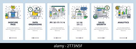 Vorlage für Linear-Art-Onboarding-Bildschirme der Vektor-Website. Geschäftsanalysen und Präsentation von Finanzberichten mit Diagrammen. Menübanner für Website und Stock Vektor