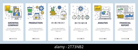 Vorlage für Linear-Art-Onboarding-Bildschirme der Vektor-Website. Unternehmen und Geldinvestitionen. Finanzberichte und Diagramme. Menübanner für Website und Mobil Stock Vektor