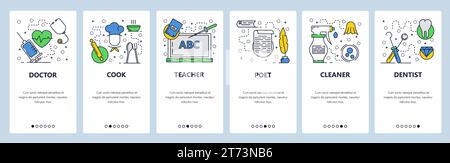 Vorlage für Linear-Art-Onboarding-Bildschirme der Vektor-Website. Menü-Banner für Job und Beruf für die Entwicklung von Websites und mobilen Apps. Arzt, Zahnarzt, Koch, Stock Vektor