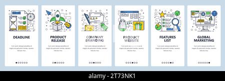 Vorlage für Linear-Art-Onboarding-Bildschirme der Vektor-Website. Neue Produktveröffentlichung, Deadline, Branding und Marketing. Menübanner für Website und mobile App Stock Vektor