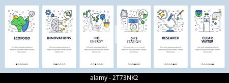 Vorlage für Linear-Art-Onboarding-Bildschirme der Vektor-Website. Bio-Lebensmittel, ökologische Innovationen, Bioenergie und klares Wasser. Menübanner für Website und Mo Stock Vektor