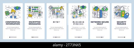 Vorlage für Linear-Art-Onboarding-Bildschirme der Vektor-Website. Verschlüsselte Messaging-Apps, Hacking und Cybersicherheit. Menübanner für Website und mobile App Stock Vektor