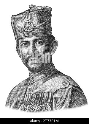 Seine Majestät Sultan Haji Hassanal Bolkiah in Militäruniform. Porträt von Brunei Darussalam Banknote Stockfoto