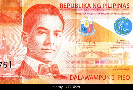 Präsident Manuel Luis Quezon y Molina (1878-1944). Porträt von den Philippinen 20 Pisos-Banknoten. Philippinische Währung aus nächster Nähe Stockfoto