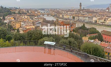 Florenz, Italien - 2. Februar 2018: Blick auf die Stadt des Flusses Arno vom Hügel aus am regnerischen Wintertag. Stockfoto