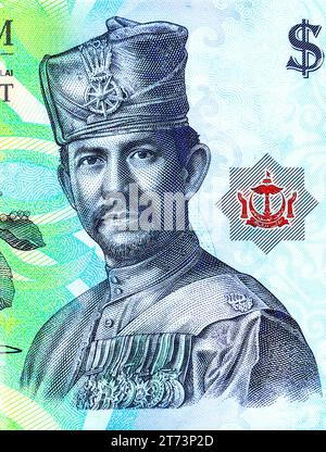 Sultan Hassanal Bolkiah Porträt auf Brunei 1-Dollar-Banknote. Banknote der Bank of Brunei Darussalam. Seine Majestät Sultan Haji Hassanal Bolkiah im Militär Stockfoto