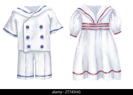 Weißes Matrosenkostüm für Kinder, antike Kleidung für kleine Mädchen. Marine Hemd, Shorts, Kleid. Handgezeichnete Aquarellillustration isoliert auf weißem bac Stockfoto