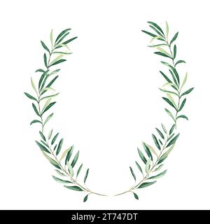 Ovaler Olivenkranz in Aquarellfarben. Isoliert auf weißem Hintergrund. Handgezeichnete botanische Illustration. Für Karten, Logos und Kosmetikdesign. Stockfoto