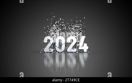 Happy New Year 2024 - silberner Text und Konfettis - 3D-Rendering Stockfoto