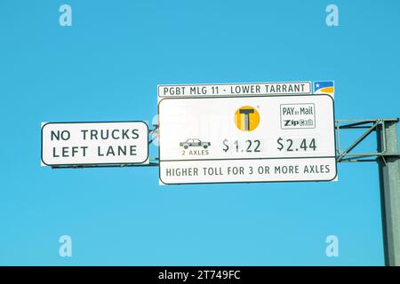 Dallas, USA - 6. November 2023: Schild am Highway für eine Mautspur und mögliche Zahlungsmethoden in Texas, USA Stockfoto