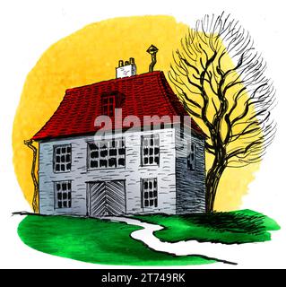 Altes Haus auf dem Land. Handgezeichnete Tinte im Vintage-Stil und Aquarellillustration Stockfoto