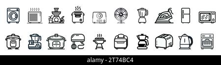 Satz von schwarzen Linien-Vektor-Symbolen für Küchengeräte isoliert auf weißem Hintergrund. Vektorabbildung Stock Vektor