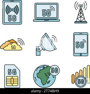 Netzwerksymbole für 5G-Technologie eingestellt. Umrisssatz von Netzwerkvektorsymbolen mit 5G-Technologie, dünne Linie, flach auf weiß Stock Vektor