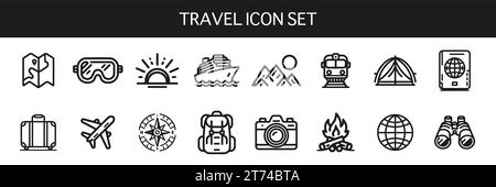 Satz schwarzer Symbole für Reise-, Transport-, Unterkunfts- und Forschungsausrüstung auf weißem Hintergrund. Vektorabbildung Stock Vektor