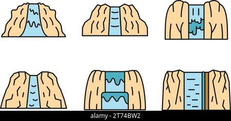 Wasserfall-Symbole gesetzt. Kontursatz von Wasserfall-Vektorsymbolen dünne Linie flach auf weiß Stock Vektor