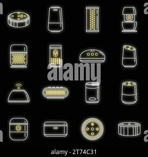 Einstellung der Symbole für Smart Speaker zu Hause. Umrisssatz von Vektorsymbolen für Smart Home-Lautsprecher Neonfarbe auf Schwarz Stock Vektor