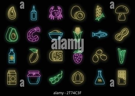 Set mit Symbolen für Allergien bei Bio-Produkten. Umrisssatz von Bioprodukt Allergie Vektor-Symbolen Neonfarbe auf Schwarz Stock Vektor