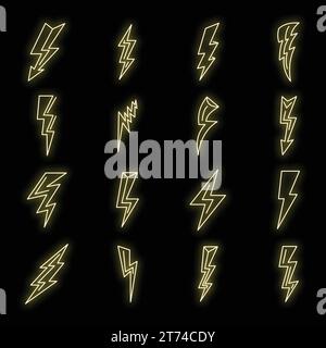 Blitzlicht-Leistungssymbole eingestellt. Kontursatz von Blitzlichtvektorsymbolen Neonfarbe auf Schwarz Stock Vektor