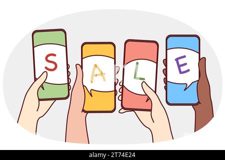 Hände von Personen, die Smartphones mit Verkaufsansage oder Benachrichtigung auf dem Bildschirm halten. Konzept der saisonalen Promotion und Rabatt und Online-Shopping. Vektorgrafik. Stock Vektor