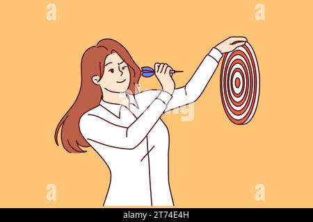 Die Frau hält Dartboard und trifft das Ziel und zeigt Führungsstärke und Ehrgeiz bei der Umsetzung von Plänen. Business Girl in weißem Hemd ist bestrebt, das Ziel für Karriereentwicklung und Lebenserfolg zu erfüllen. Stock Vektor