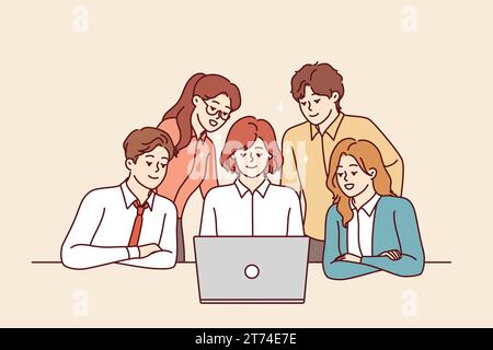 Erfolgreiches Business-Team betrachtet den Laptop-Bildschirm gemeinsam, indem er an einem Online-Meeting teilnimmt. Mitarbeiter der Beratungsfirma in Geschäftskleidung sitzen und stehen neben dem Tisch mit Computer. Stock Vektor