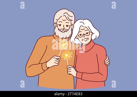 Glückliche Rentner mit Glitzern, die weihnachten symbolisieren, feiern gemeinsam das neue Jahr im Winter. Fröhlicher grauhaariger Mann und Frau, die auf einer festlichen weihnachtsfeier Funkeln benutzen Stock Vektor
