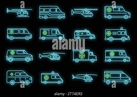 Symbole für Rettungswagen gesetzt. Umrisssatz von Rettungswagen Vektorsymbolen Neonfarbe auf Schwarz Stock Vektor