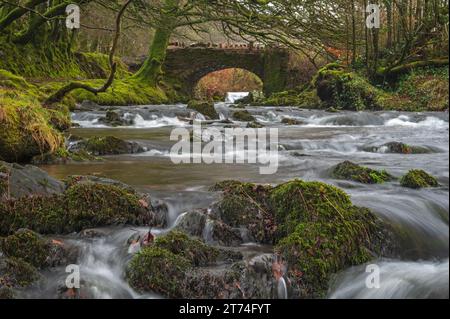 Blick auf das schnell fließende Weir Water bei Robbers Bridge, Hookway Hill, Porlock, Somerset, England, Großbritannien, Teil des Exmoor-Nationalparks. Stockfoto