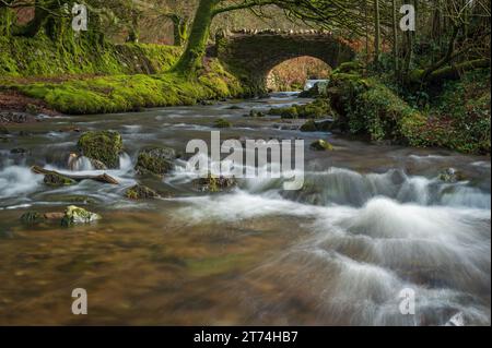 Blick auf das schnell fließende Weir Water bei Robbers Bridge, Hookway Hill, Porlock, Somerset, England, Großbritannien, Teil des Exmoor-Nationalparks. Stockfoto