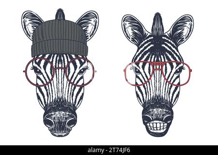 Vektor-Tiergesichter in Fliegersonnenbrillen und Bandanas. Handgezeichnete zebra-Kollektion V5 Stock Vektor