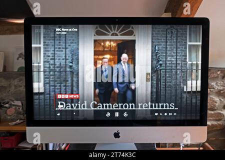 „David Cameron kehrt zurück“ zur Downing Street 10 im Tory Cabinet Screenshot des neuen Außenministers der Regierung 13. November 2023 Großbritannien Stockfoto