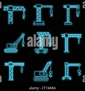 Symbole für den Bau eines Krans gesetzt. Umrisssatz der Vektorsymbole für Gebäudekrane Neonfarbe auf Schwarz Stock Vektor