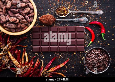Dunkle Schokoladenriegel, rote heiße Chilipfeffer Cayenne, trockene heiße Chiligewürze, Kakaobohnen Nibs Pulver, Essen leckeres Design auf schwarzem hölzernem Hintergrund Stockfoto