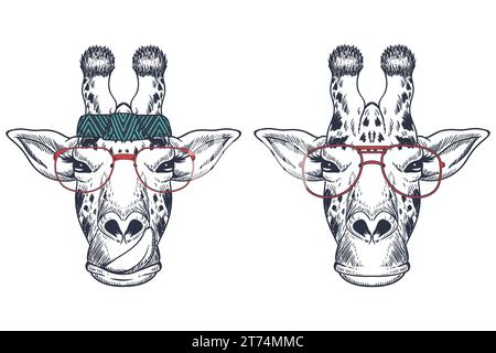 Vektor-Tiergesichter in Fliegersonnenbrillen und Bandanas. Handgezeichnete Giraffe-Kollektion V6 Stock Vektor