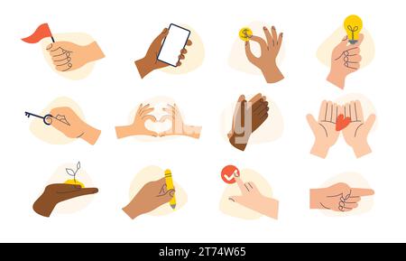 Handgesten im trendigen flachen Stil. Die Hand hält verschiedene Gegenstände oder Dinge wie Geld, Telefon, Schlüssel, Glühbirne usw. Vektorkritzelsymbole. Stock Vektor