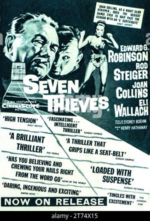 1960 erschien eine Werbung für den Film Seven Thieves mit Edward G Robinson, Rod Steiger, Joan Collins und Eli Wallach. Stockfoto