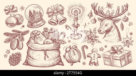 Weihnachtskonzept, Skizze. Handgezeichnete Vintage-Vektor-Illustration Stock Vektor