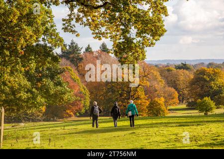 Menschen, die in der Herbstsonne in Chirk North Wales durch das Gelände und die Parkanlage des National Trust Chirk Castle gehen Stockfoto