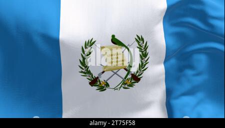 Nahaufnahme der Nationalflagge Guatemalas, die winkt. Drei vertikale blau-weiße Streifen mit zentriertem Nationalwappen. 3D-Darstellung. Rippl Stockfoto