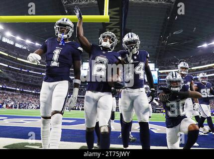 Arlington, TX USA: Dallas Cowboys Safety Jayron Kearse (1), Dallas Cowboys Cornerback Jourdan Lewis (2) und Dallas Cowboys Safety Markquese Bell (14) Stockfoto